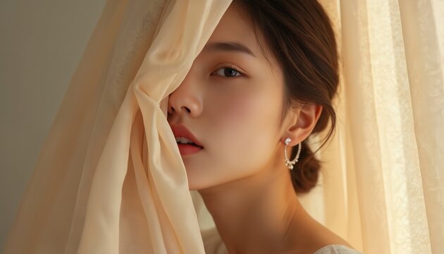 Korean woman face partially hidden by sheer beige fabric. Soft light creates gentle shadows. Elegant makeup and pearl earrings suggest luxury beauty. Subtle feminine appeal.