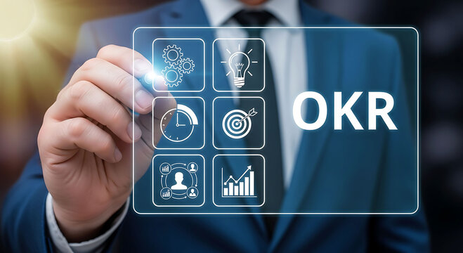 Businessman Touching Virtual OKR Screen for Business Goal and Strategy Performance