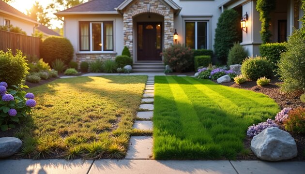 Compare before and after lawn care. One side shows dry grass, other side has fresh green turf. House yard shows landscaping progress with flowers and neat bushes.