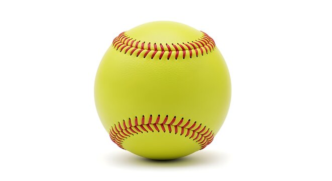 A single, yellow softball with red stitching, isolated on white.
