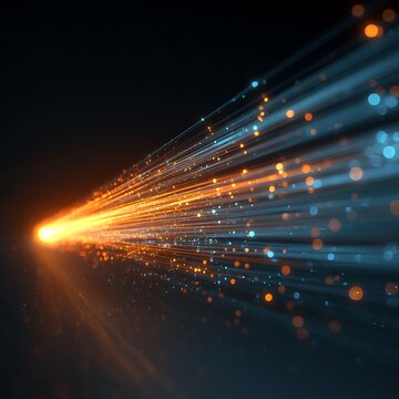 Abstract digital data transmission background with glowing orange and blue fiber optic light trails and shimmering particles representing high speed internet connectivity.