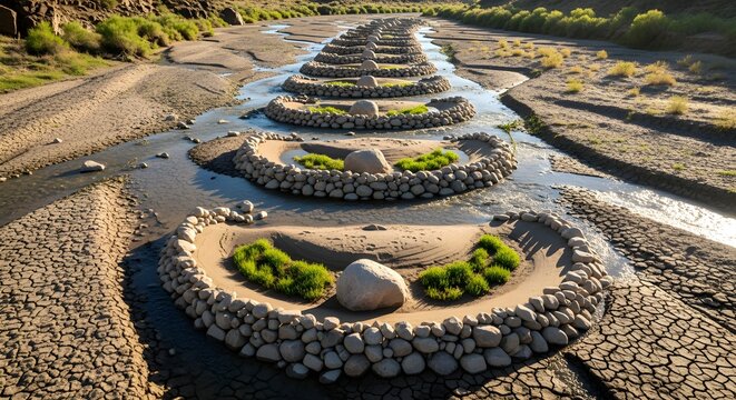 Building 'check dams' with rocks in a dry riverbed to capture water and soil.