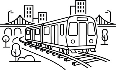 Naklejka premium Modern blue subway train traveling through urban cityscape with skyline and infrastructure illustration