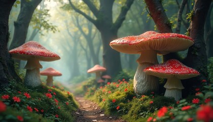 Fototapeta premium Misty forest path lined with large red mushrooms and small red flowers. Tall trees create canopy overhead. Soft light filters through fog. Nobody present in this magical woodland scene.