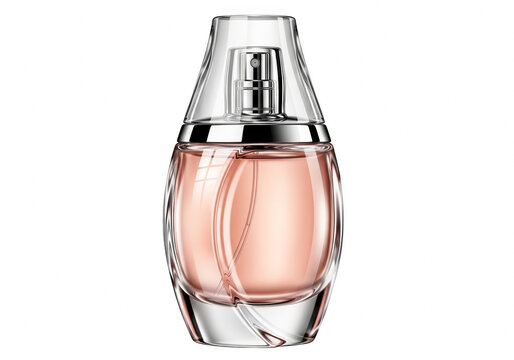 A sleek glass perfume bottle with a pink liquid and silver cap on a transparent background