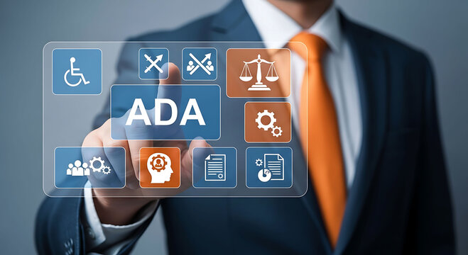 Man touching ADA disability compliance interface for business legal accessibility