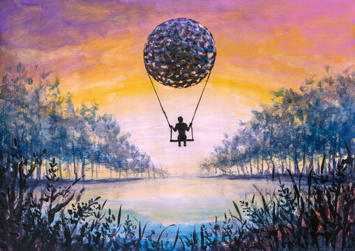 Hand painted artistic landscape on canvas featuring a child on a swing suspended beneath a colorful balloon over a dreamy sunset river scene, original handmade artwork.