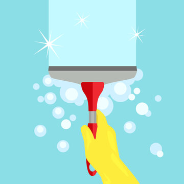 Hand in yellow glove cleaning window with red squeegee and soap bubbles. Sparkling glass cleaning service. Vector cartoon flat illustration.