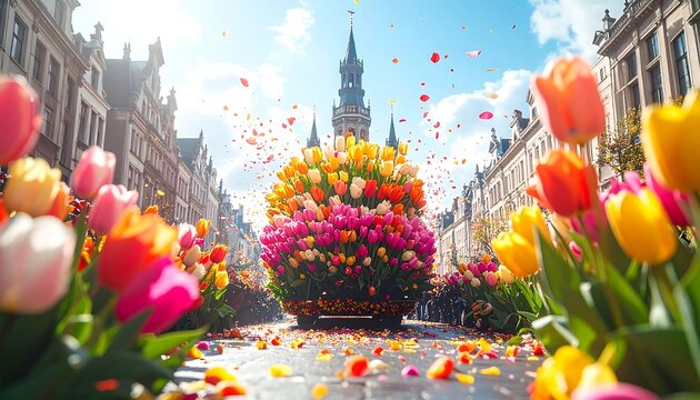 Vibrant Tulip Festival Blooms in a European City Square with Cobblestone Streets and Historic Architecture Under a Sunny Sky