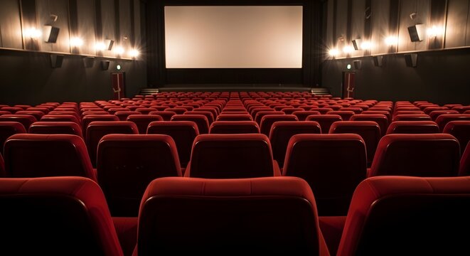 Empty Cinema Chairs in Movie Theater, Rows of Red Seats in Dark Auditorium, Film Industry Background, Entertainment Venue Interior with Copy Space