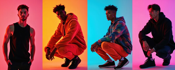 Naklejka premium Four men posing in bright studio with neon lights. They wear stylish street style clothes, like hoodies and tank tops. Diverse models show modern fashion trends and urban looks.