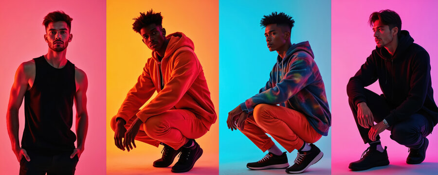 Four men posing in bright studio with neon lights. They wear stylish street style clothes, like hoodies and tank tops. Diverse models show modern fashion trends and urban looks.