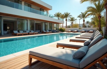 Fototapeta premium Modern hotel with pool and outdoor sofas on sunny day. Tropical palms surround luxury vacation resort. People relax on chaise lounges by blue water.