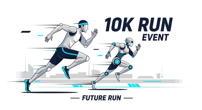 Futuristic 10K Run Event Featuring Human Runner Racing Against Advanced Robot Competitor