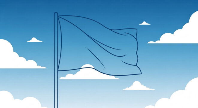 A blue flag waving in the wind against a clear sky with white clouds symbolizing freedom and optimism