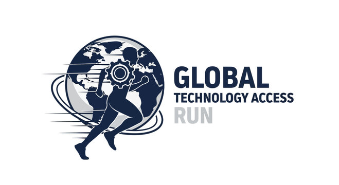 Global Technology Concept: Innovative Gear Runner Emblem for Worldwide Digital Advancements