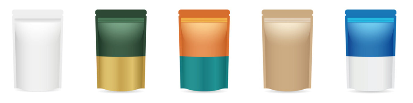 Pouch bags mockup, zip packaging design template, blank fabric and leather bag presentation. Product branding, merchandise display, cosmetic and travel accessory showcase. Flat vector illustration 