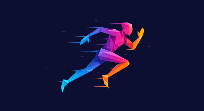 Geometric Runner Depicted In Vivid Colors On Dark Background And High Velocity Display