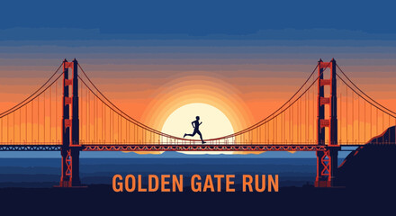 Obraz premium Golden Gate Bridge Runner Illuminated In Front Of A Bright Sunset Scenery View