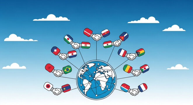 Global partnership hands around earth with flags international cooperation concept