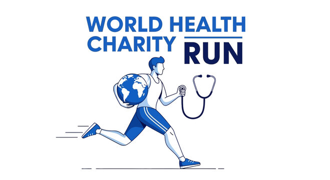 Global Health Charity Run Illustration Depicting Healthy Lifestyle and Worldwide Healthcare Support