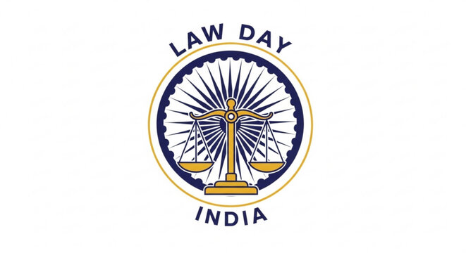 Law Day India emblem featuring scales of justice and Ashoka Chakra symbolizing legal system and national pride vector illustration