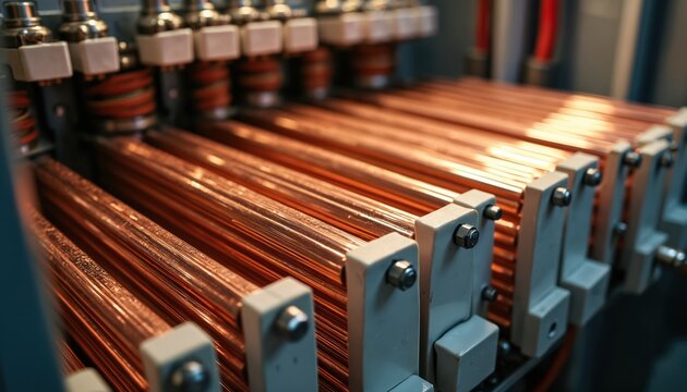 Copper busbars arranged in parallel inside electrical cabinet. Shiny conductors supported by ceramic insulators. Power distribution equipment assembly.