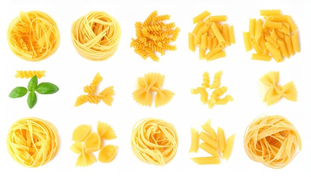 Set of different pasta types on white background, top view