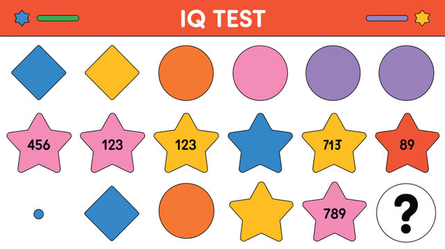 Colorful iq test puzzle with shapes numbers and question mark challenge concept 