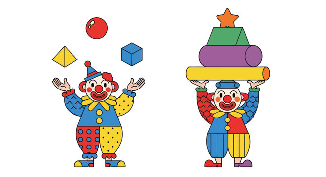 Two clowns performing juggling and balancing acts