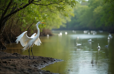 Fototapeta premium Great egret bird stands with wings spread on wet shore near calm green water. Other white birds swim in pond surrounded by lush trees. Peaceful natural scene.