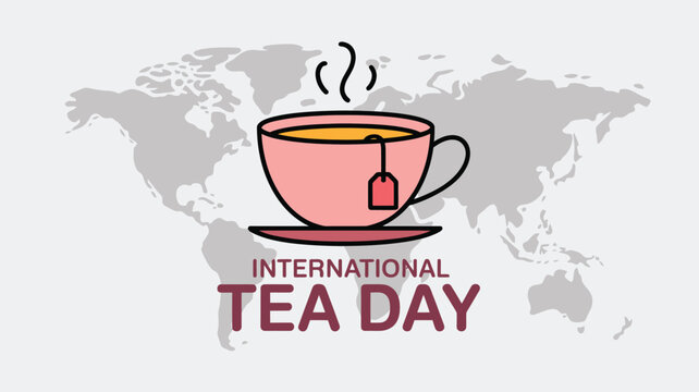 Cup of tea with steam celebrating international tea day on world map background 
