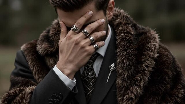 Man Covering Face with Hand Wearing Fur Coat and Rings in Outdoor Setting Cinematic Portrait