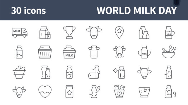 World milk day icons set with dairy products and beverage symbols collection