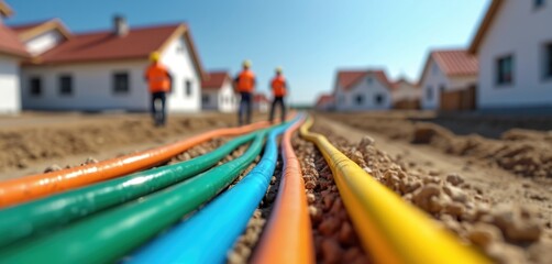 Fototapeta premium Construction workers install colorful cables for broadband internet. New houses get fiber optic lines underground. Rural area gets modern tech infrastructure on sunny day.