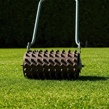 Heavy spiked garden roller aerating bright green lawn turf, creating holes to improve soil compaction, drainage, water retention, and healthy root development, maintenance, garden tool, surface