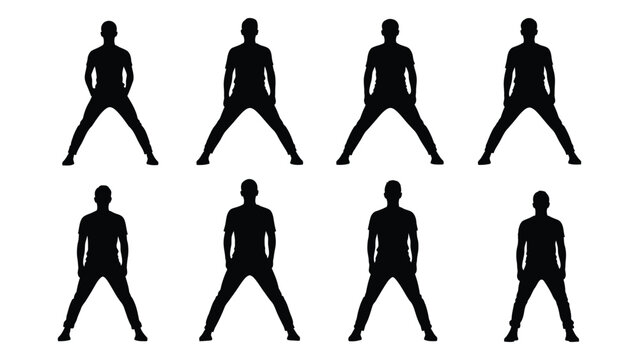 Eight silhouettes of people stretching facing forward in a symmetrical arrangement