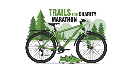 Fototapeta premium Green Bicycle And Sneakers With Forest Trails Charity Marathon Text