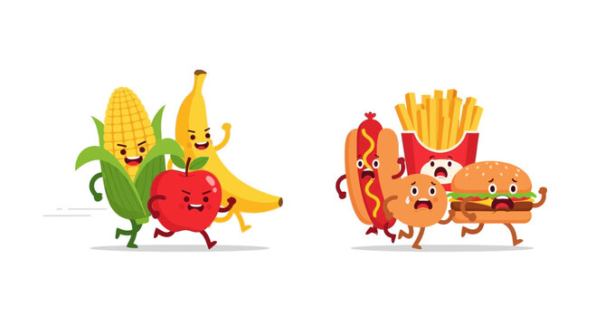 Healthy Foods Triumph Over Unhealthy Fast Foods in a Whimsical, Illustrated Cartoon