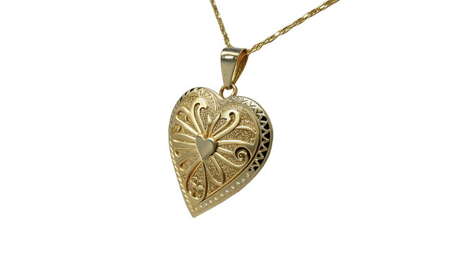 Gold heart pendant with detailed design hanging from a simple chain viewed on a white background isolated on transparent background	