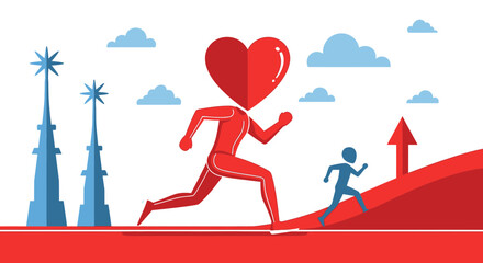 Fototapeta premium Heart Shape Headed Athlete Running With A Child On A Red Graded Surface