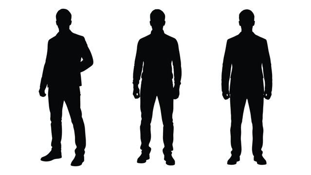 Three silhouetted men in suits stand facing forward against a white background