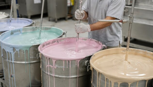 Medium shot capturing pastelcolored reflective roof paint being mixed and processed emphasizing the variety of solarreflective elastomeric coatings available.