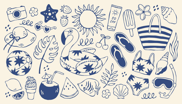 Mediterranean summer vector set with beach icons and tropical elements. Hand drawn blue travel illustrations featuring flamingo, sun and fruits for modern vacation branding and coastal design