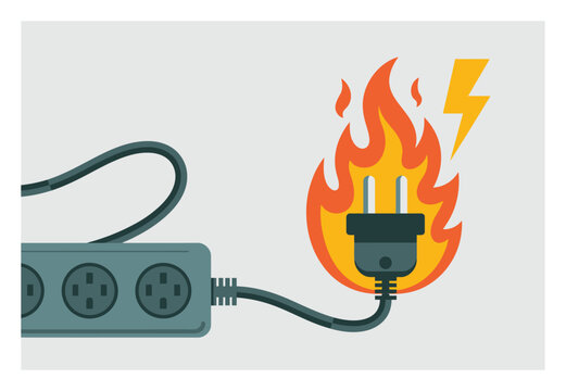 Electrical Plug on Fire Connected to Power Strip, Danger Symbol