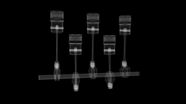 Wireframe Car Engine with Five Cylinders and Rotating Crankshaft on Black Background - 3d 4k animation (3840 x 2160 px)