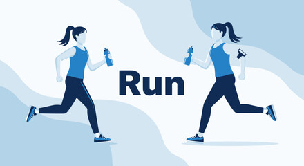 Fototapeta premium Healthy Lifestyle Concept Depicting Two Women Jogging With Water Bottles And Running App