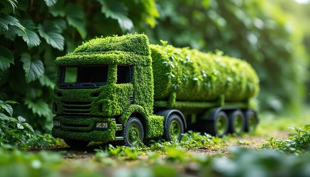 Green truck covered in plants travels on forest path. Eco friendly transport concept for logistics and delivery. Sustainable future for trucking industry.