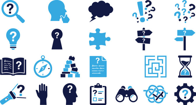 Illustration of questions and problems with thinking and solutions and inquiry.