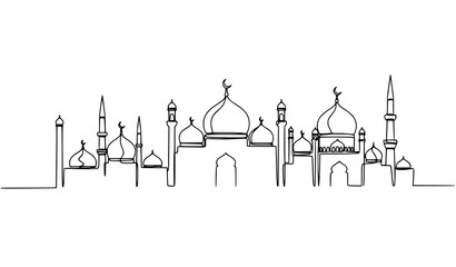 Obraz premium Islamic mosque skyline one line vector minimalist continuous drawing